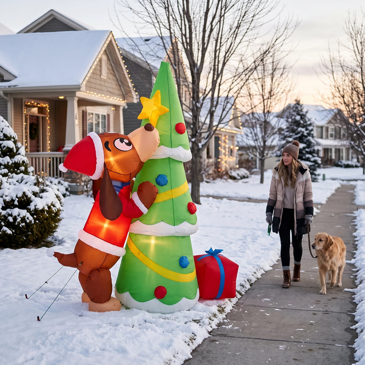 7ft 210cm Giant Inflatable Christmas Dog With Tree LED Lights Outdoor Yard Decoration Blow Up Holiday Party Lawn Prop Xmas Ornament Winter Festival Display Exterior Garden Inflatables Big Event Home Outside Landscape New Year