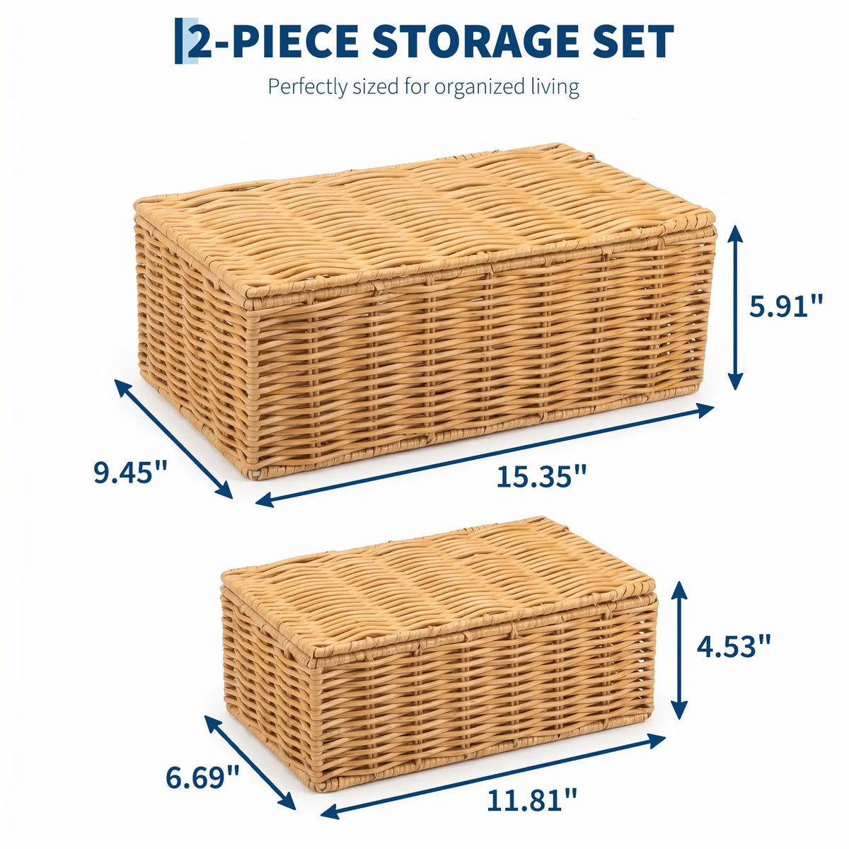 Rectangular Wicker Basket With Lid And Storage Rack 2 Piece