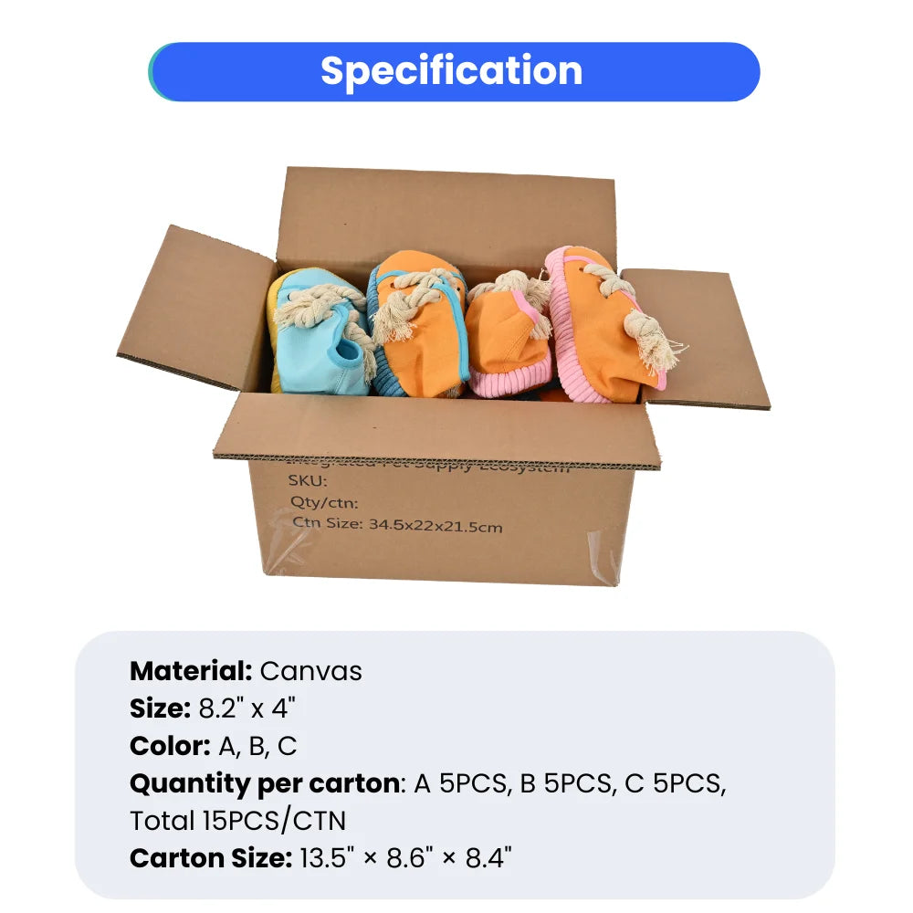 15PCS/Carton Squeaky Shoe Shaped Dog Chew Toys Canvas Cotton Rope Interactive Puppy Bite Toys 3 Colors Mixed Wholesale Pet Supplies