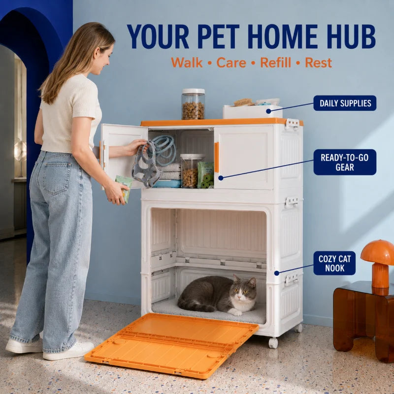 All-in-One Pet Supply Organizer & Storage Cabinet with Cozy Cat House Nook, Fold-Down Pet Access Step and Flat Top, Indoor Home Pet Station for Dog & Cat Essentials, Toys, Treats, Leashes and Grooming Supplies