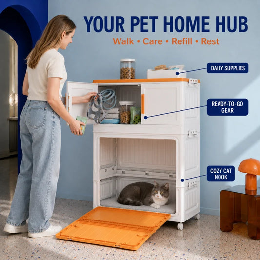All-in-One Pet Supply Organizer & Storage Cabinet with Cozy Cat House Nook, Fold-Down Pet Access Step and Flat Top, Indoor Home Pet Station for Dog & Cat Essentials, Toys, Treats, Leashes and Grooming Supplies