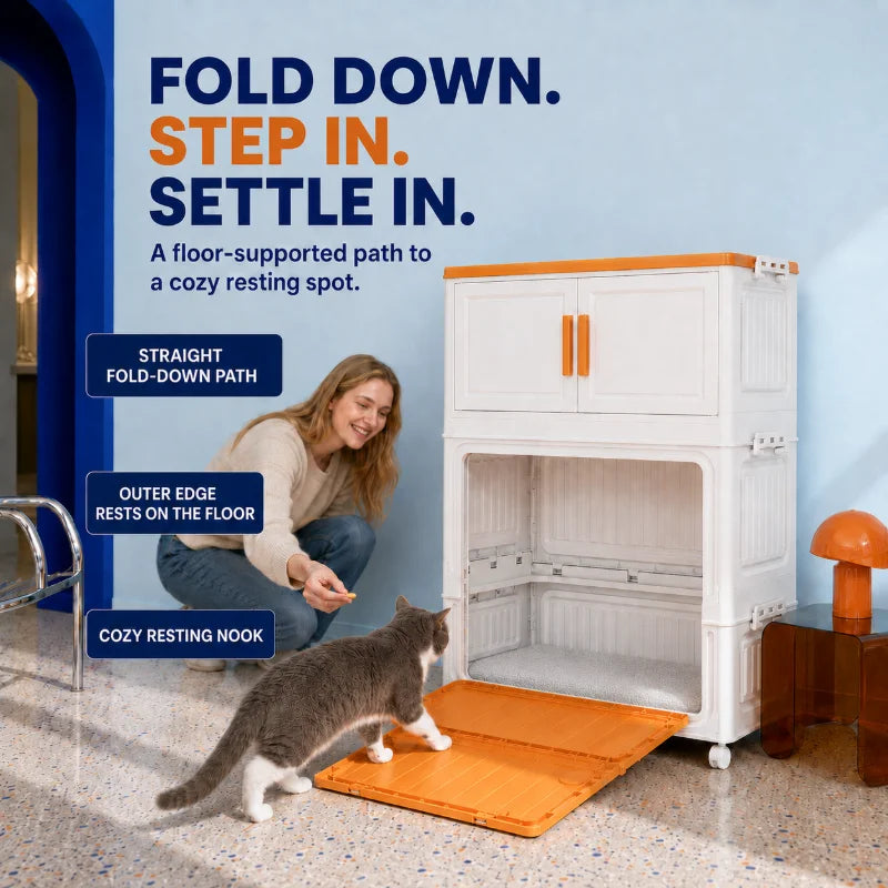 All-in-One Pet Supply Organizer & Storage Cabinet with Cozy Cat House Nook, Fold-Down Pet Access Step and Flat Top, Indoor Home Pet Station for Dog & Cat Essentials, Toys, Treats, Leashes and Grooming Supplies