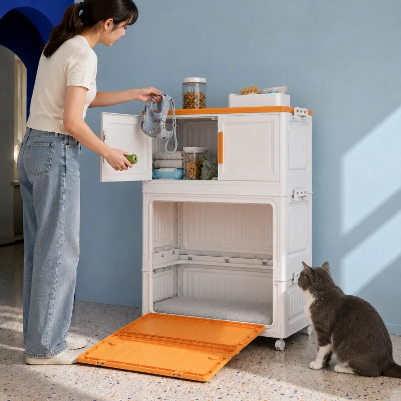 All-in-One Pet Supply Organizer & Storage Cabinet with Cozy Cat House Nook, Fold-Down Pet Access Step and Flat Top, Indoor Home Pet Station for Dog & Cat Essentials, Toys, Treats, Leashes and Grooming Supplies