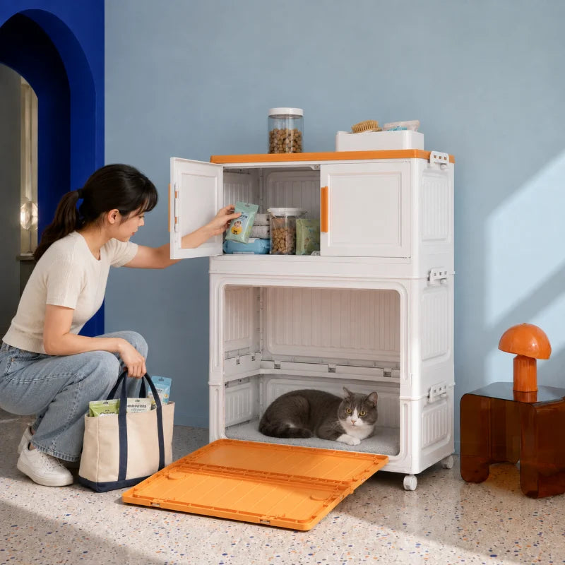 All-in-One Pet Supply Organizer & Storage Cabinet with Cozy Cat House Nook, Fold-Down Pet Access Step and Flat Top, Indoor Home Pet Station for Dog & Cat Essentials, Toys, Treats, Leashes and Grooming Supplies