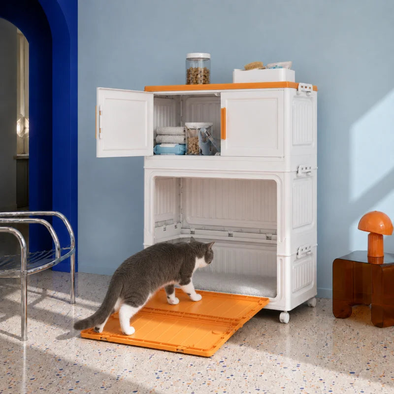 All-in-One Pet Supply Organizer & Storage Cabinet with Cozy Cat House Nook, Fold-Down Pet Access Step and Flat Top, Indoor Home Pet Station for Dog & Cat Essentials, Toys, Treats, Leashes and Grooming Supplies