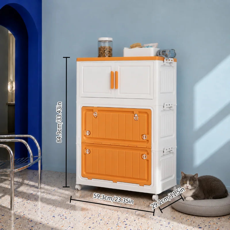 All-in-One Pet Supply Organizer & Storage Cabinet with Cozy Cat House Nook, Fold-Down Pet Access Step and Flat Top, Indoor Home Pet Station for Dog & Cat Essentials, Toys, Treats, Leashes and Grooming Supplies