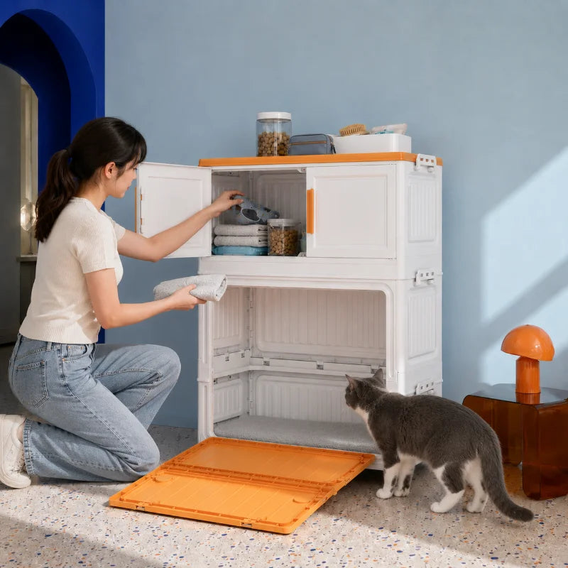 All-in-One Pet Supply Organizer & Storage Cabinet with Cozy Cat House Nook, Fold-Down Pet Access Step and Flat Top, Indoor Home Pet Station for Dog & Cat Essentials, Toys, Treats, Leashes and Grooming Supplies