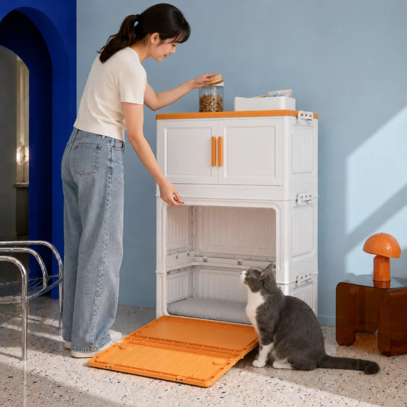 All-in-One Pet Supply Organizer & Storage Cabinet with Cozy Cat House Nook, Fold-Down Pet Access Step and Flat Top, Indoor Home Pet Station for Dog & Cat Essentials, Toys, Treats, Leashes and Grooming Supplies