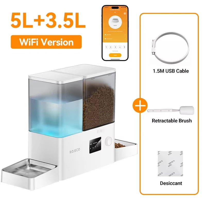 ROJECO 8.5L 2In1 with Camera Automatic Pet Feeder Gravity Water Fountain Button 5L Cat Kibble Dispenser with 3.5L Water Refill