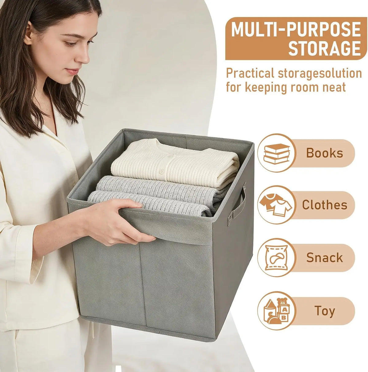 6-Pack 13 Inch Fabric Large Household Storage Box with Faux Leather Handles Foldable Storage Organizer Box for Shelves and Closet, Collapsible Storage Boxes for Clothes Toys