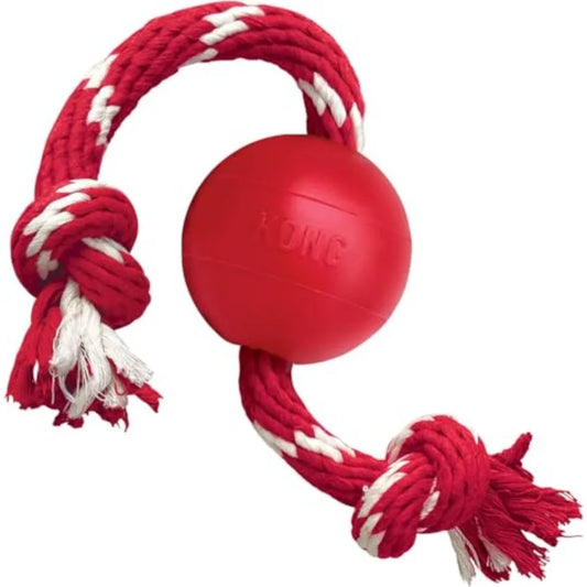 Ball with Rope, Natural Rubber Fetch and Tug Toy, Red, for Small Dogs Natural Rubber Ball Attached to a Rope for Easy Throwing,