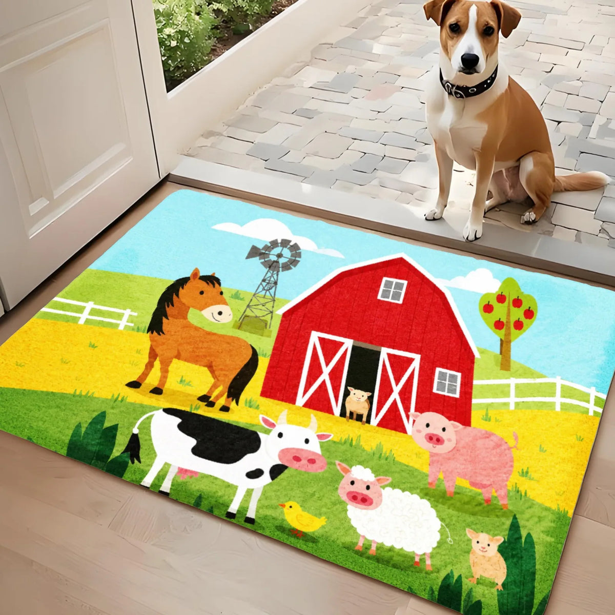 3PCS Kitchen Rugs,Home Decoration for Front Door, Kitchen, Bathroom, Farm Animals Barn Red House Cow Pig Sheep Dog Dining Mat