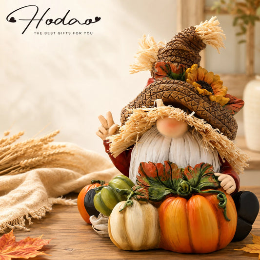 Hodao Resin Fall Scarecrow Gnome Figurine with Pumpkin Harvest Decoration, Farmhouse Thanksgiving Sitting Gnome Statue for Tabletop Shelf Sitter, Autumn Holiday Decor Gift for Home Garden, Hand-Painted Seasonal Ornament, Coun