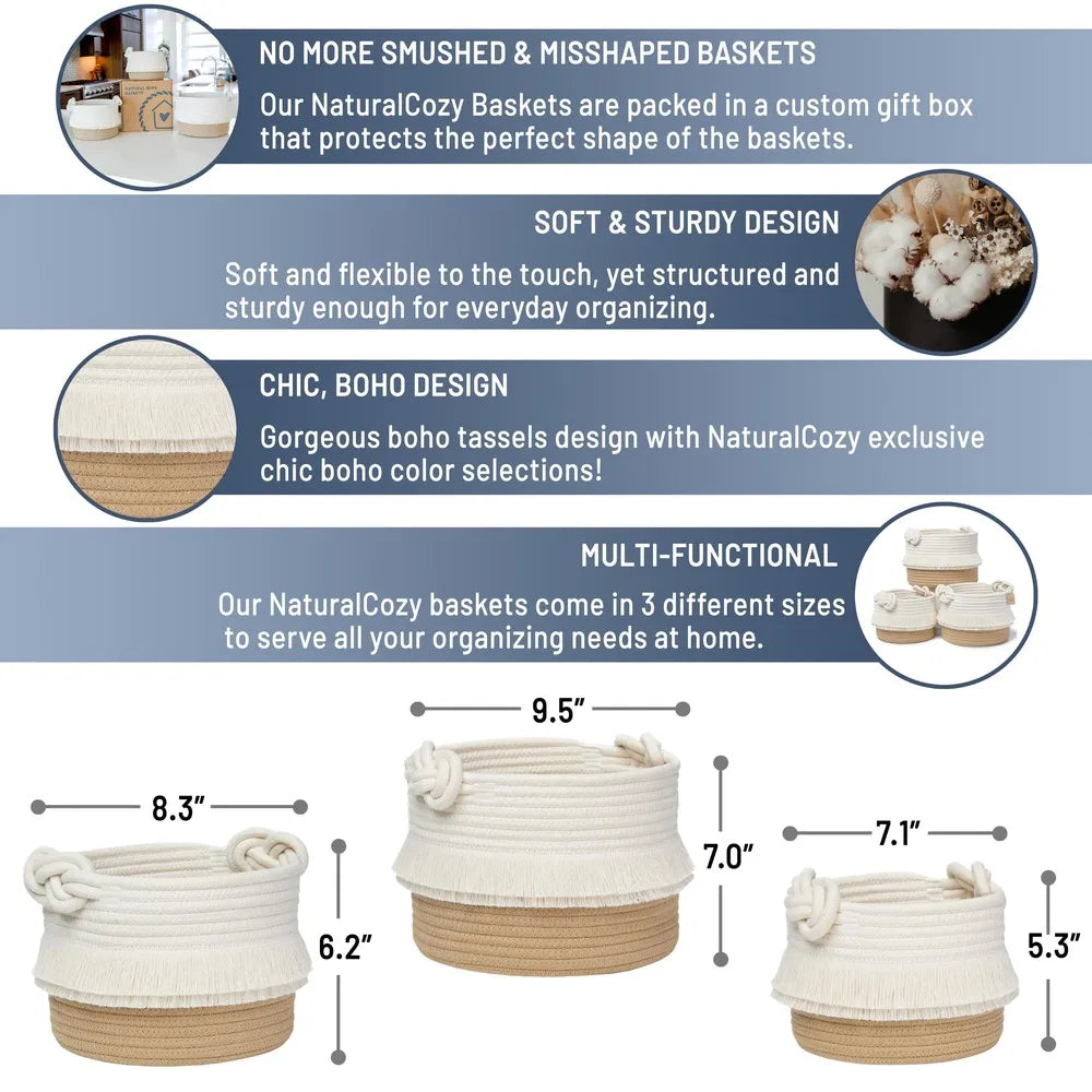 3 Pack Cotton Rope Woven Storage Baskets, Decorative Small Organizer B ...