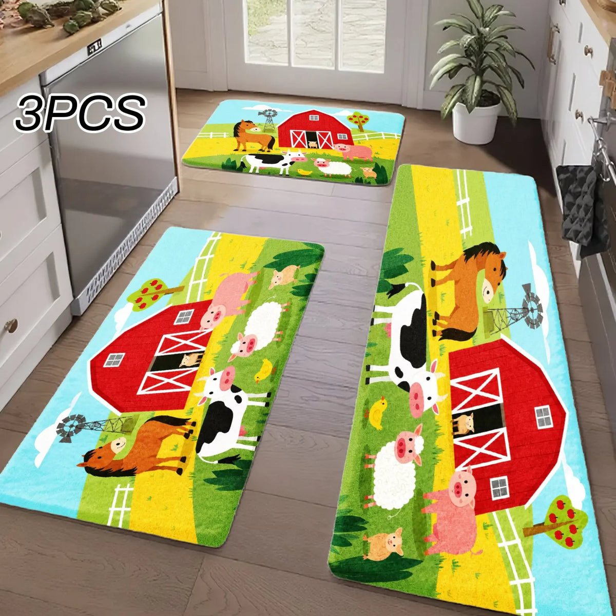 3PCS Kitchen Rugs,Home Decoration for Front Door, Kitchen, Bathroom, Farm Animals Barn Red House Cow Pig Sheep Dog Dining Mat