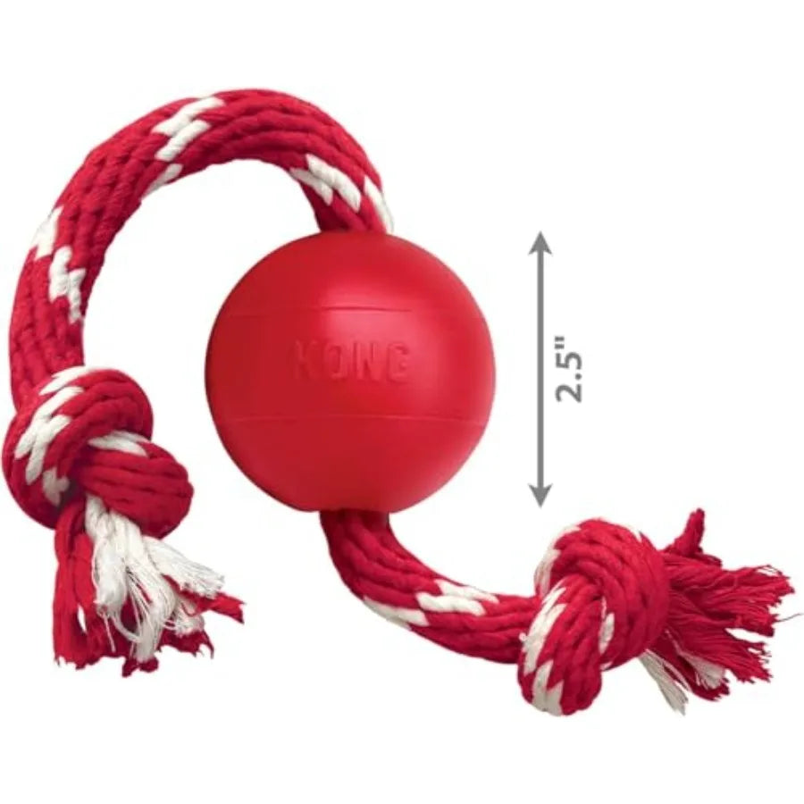 Ball with Rope, Natural Rubber Fetch and Tug Toy, Red, for Small Dogs Natural Rubber Ball Attached to a Rope for Easy Throwing,