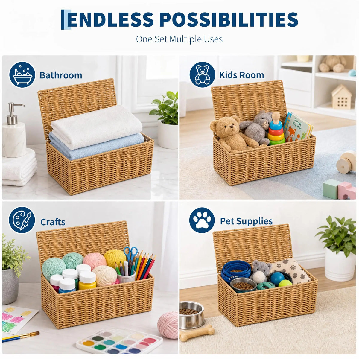 Rectangular Wicker Basket With Lid And Storage Rack 2 Piece