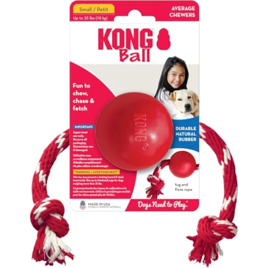 Ball with Rope, Natural Rubber Fetch and Tug Toy, Red, for Small Dogs Natural Rubber Ball Attached to a Rope for Easy Throwing,