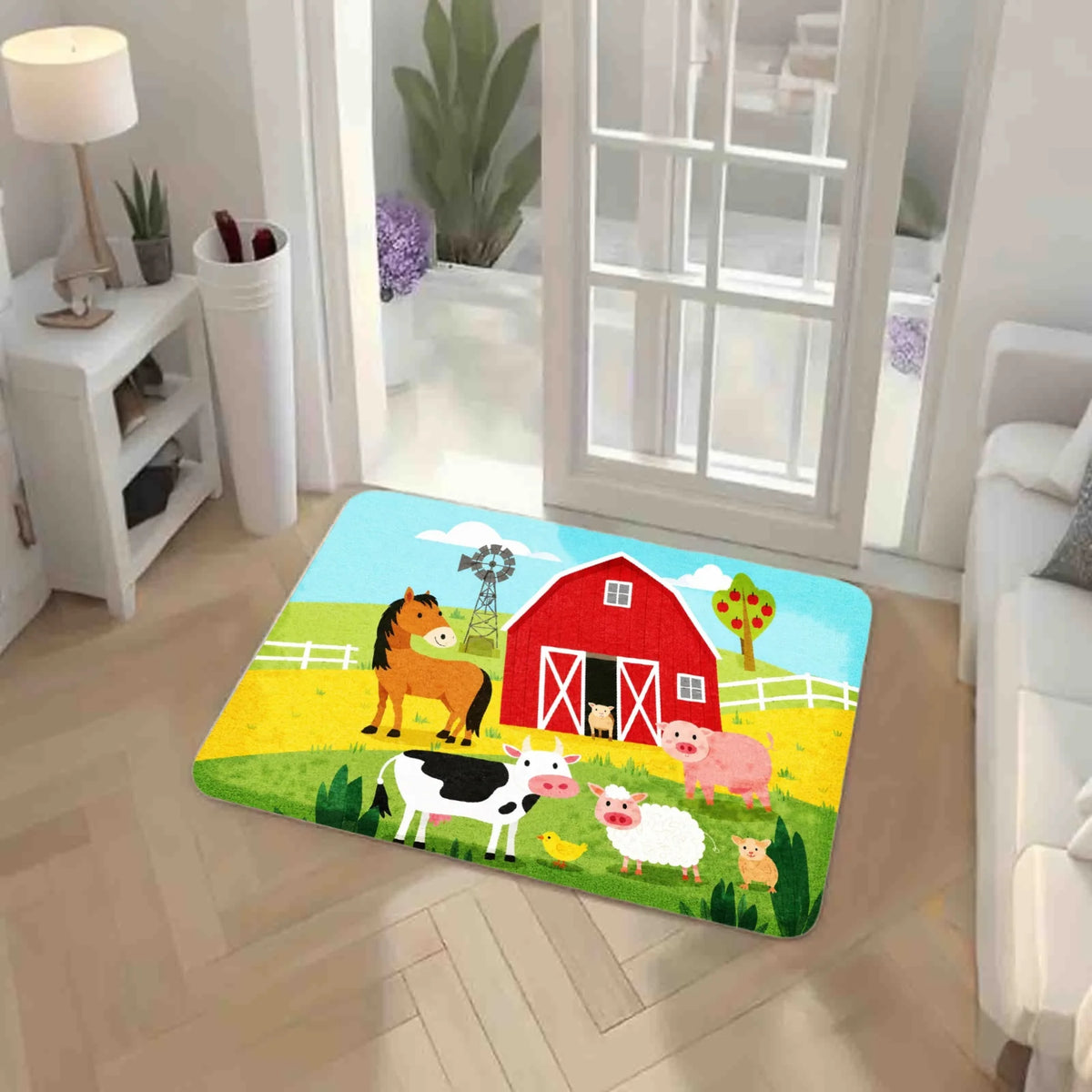 3PCS Kitchen Rugs,Home Decoration for Front Door, Kitchen, Bathroom, Farm Animals Barn Red House Cow Pig Sheep Dog Dining Mat