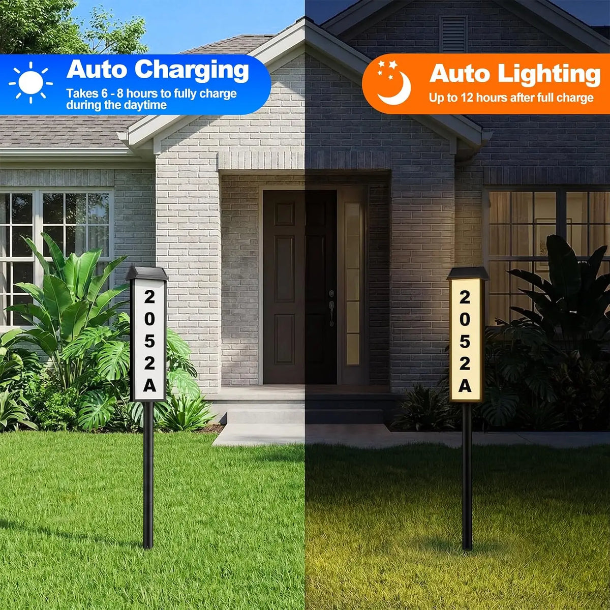 Solar Address Sign, House Number for Outside Waterproof, 2-Color LED Illuminated Address Plaque with Stake, Solar Powered Light Up Address Numbers for Houses Yard, 1-Pack