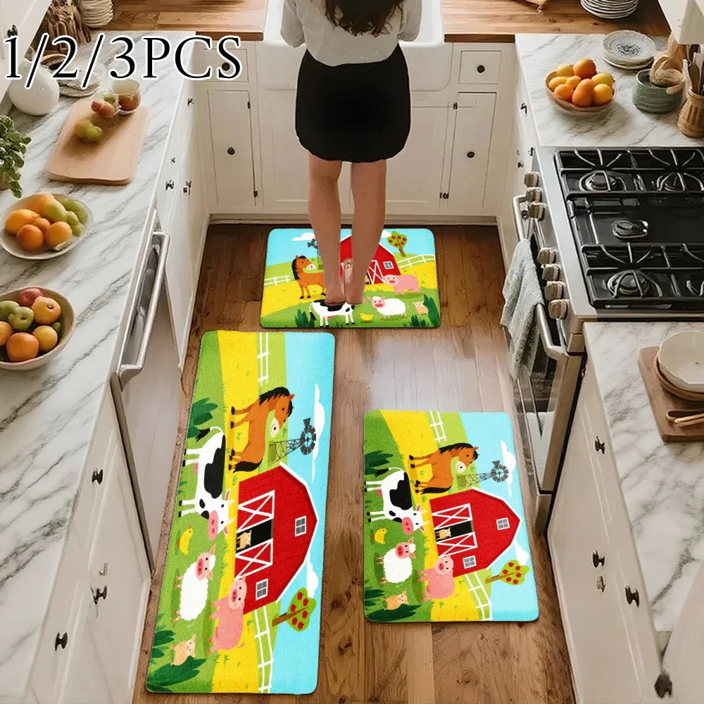 3PCS Kitchen Rugs,Home Decoration for Front Door, Kitchen, Bathroom, Farm Animals Barn Red House Cow Pig Sheep Dog Dining Mat