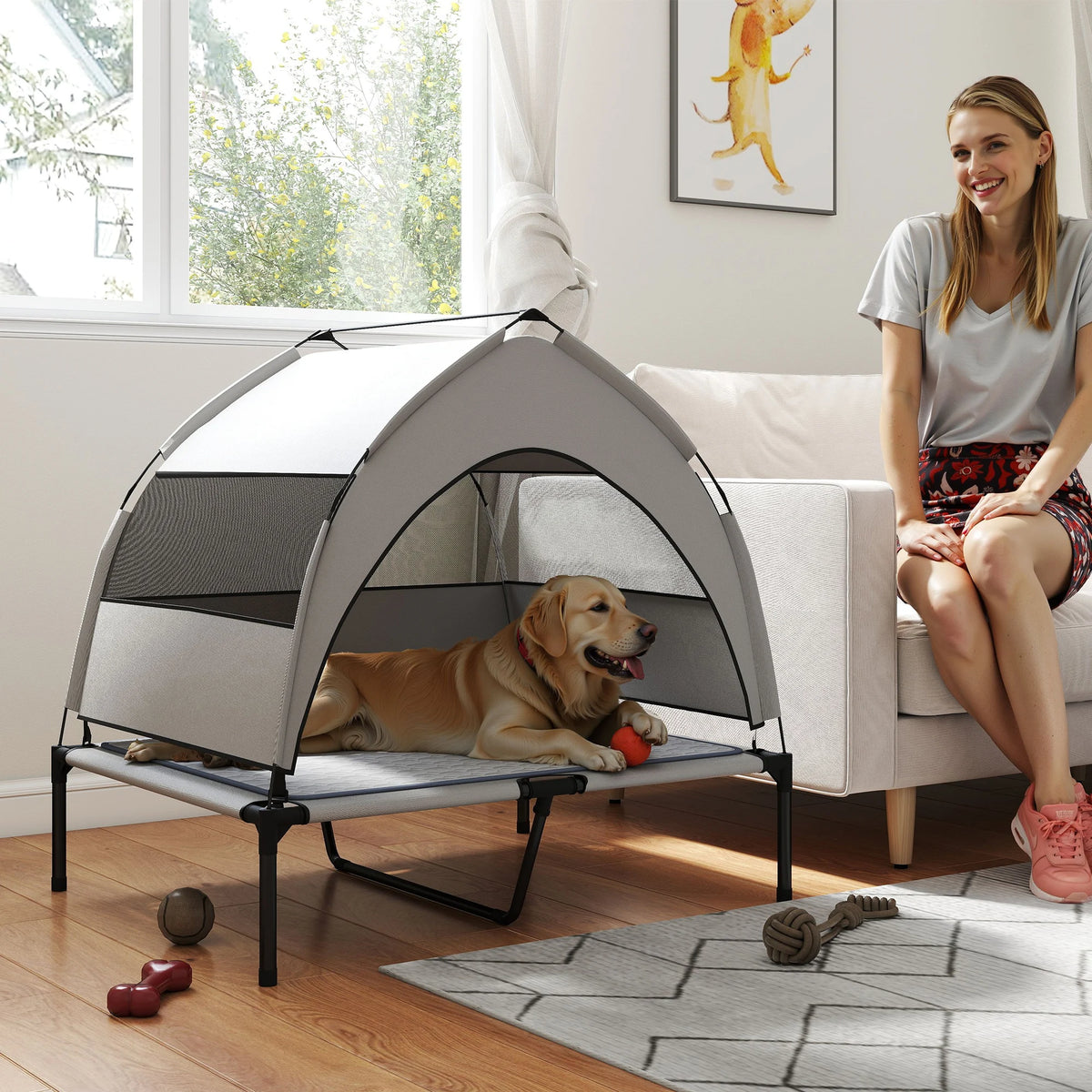 Portable Elevated Dog Bed with Removable Canopy Cooling Pad Storage Bag 36 X 29.5 X 35 Pet Cot for Outdoor Use