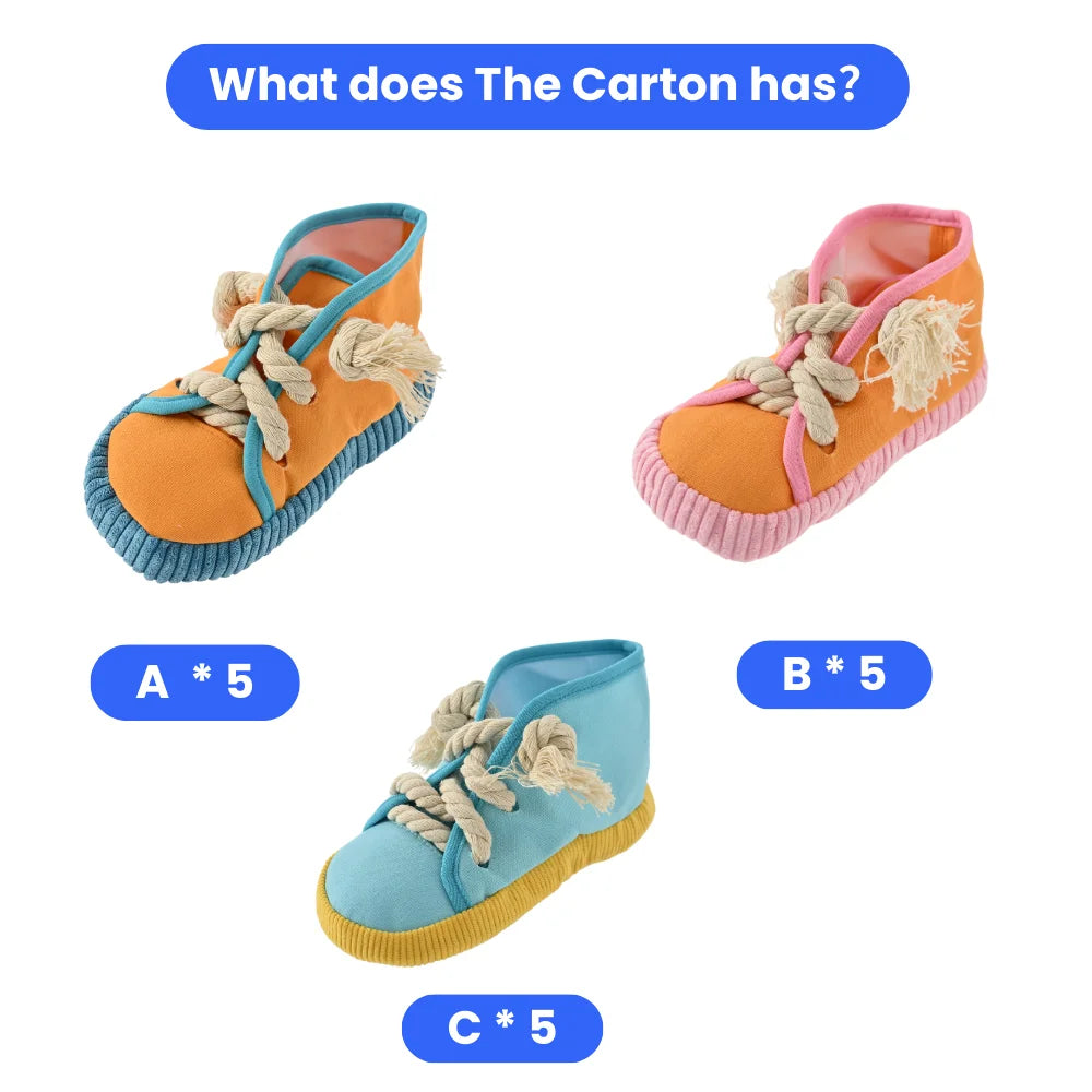 15PCS/Carton Squeaky Shoe Shaped Dog Chew Toys Canvas Cotton Rope Interactive Puppy Bite Toys 3 Colors Mixed Wholesale Pet Supplies