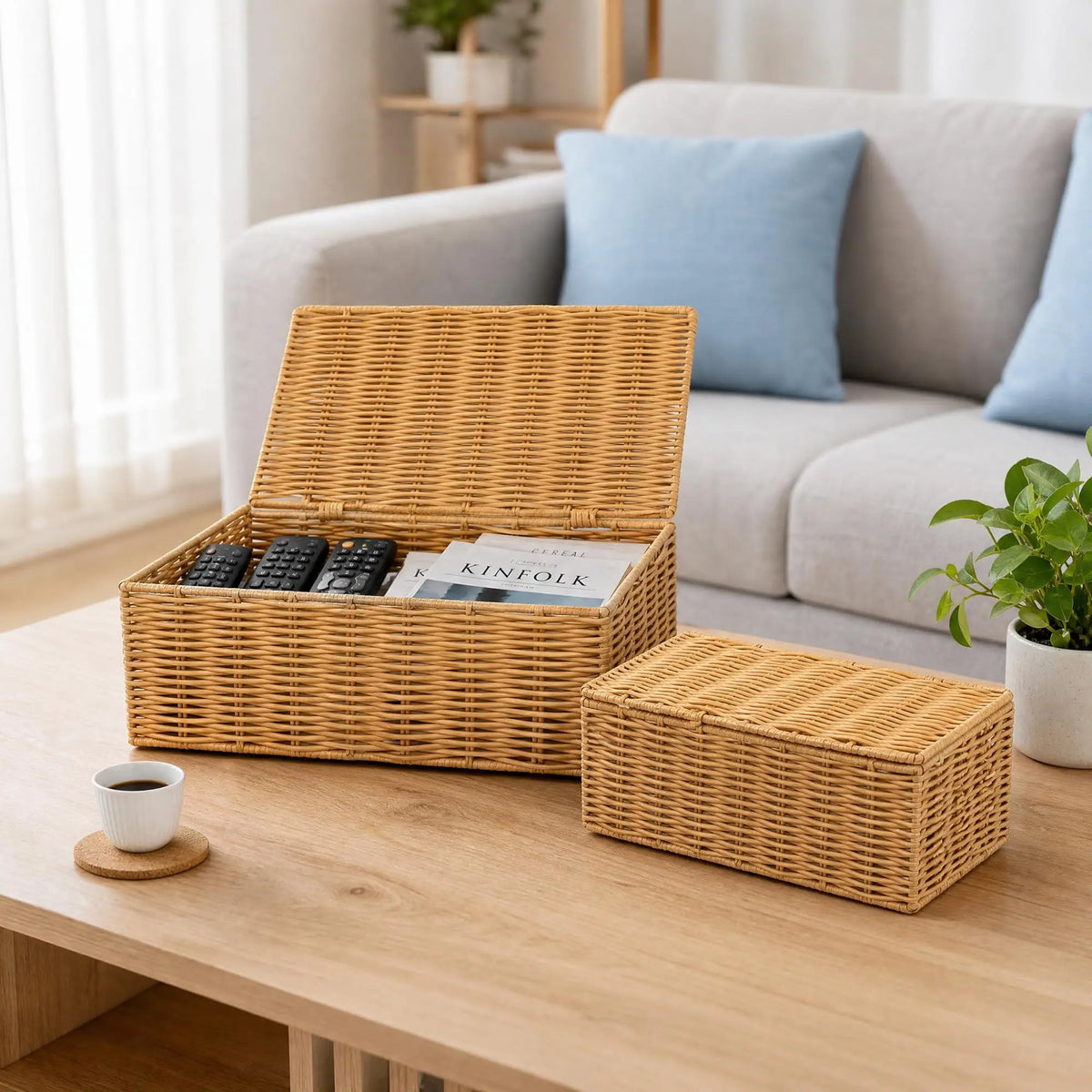 Rectangular Wicker Basket With Lid And Storage Rack 2 Piece