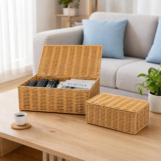 Rectangular Wicker Basket With Lid And Storage Rack 2 Piece