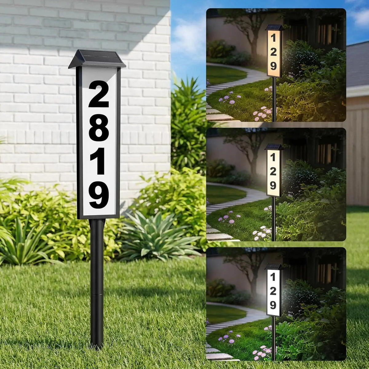 Solar Address Sign, House Number for Outside Waterproof, 2-Color LED Illuminated Address Plaque with Stake, Solar Powered Light Up Address Numbers for Houses Yard, 1-Pack