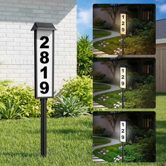 Solar Address Sign, House Number for Outside Waterproof, 2-Color LED Illuminated Address Plaque with Stake, Solar Powered Light Up Address Numbers for Houses Yard, 1-Pack