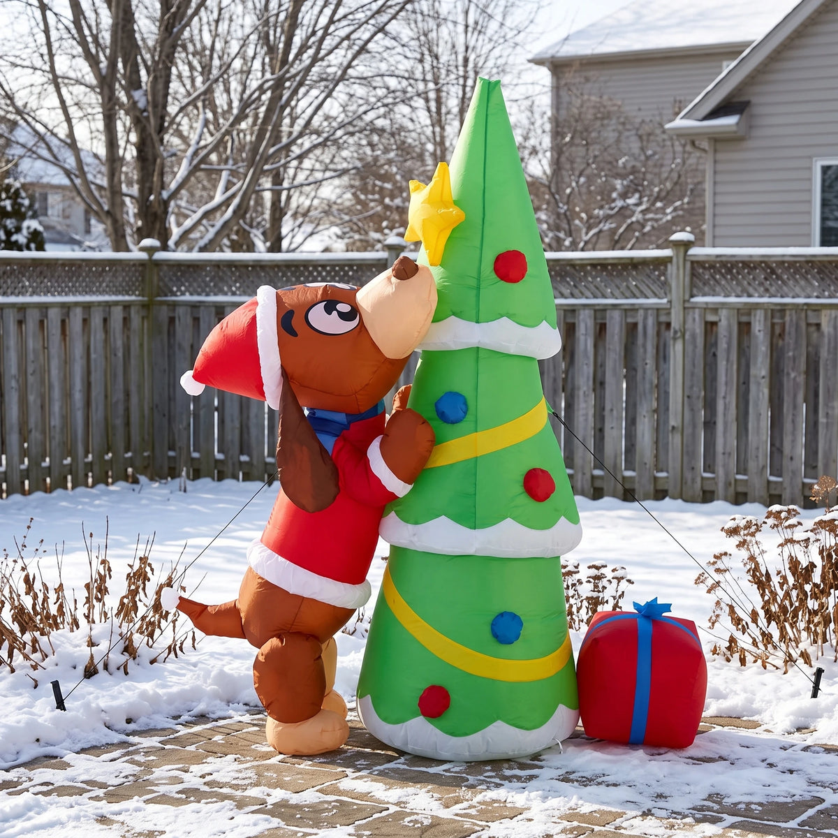 7ft 210cm Giant Inflatable Christmas Dog With Tree LED Lights Outdoor Yard Decoration Blow Up Holiday Party Lawn Prop Xmas Ornament Winter Festival Display Exterior Garden Inflatables Big Event Home Outside Landscape New Year