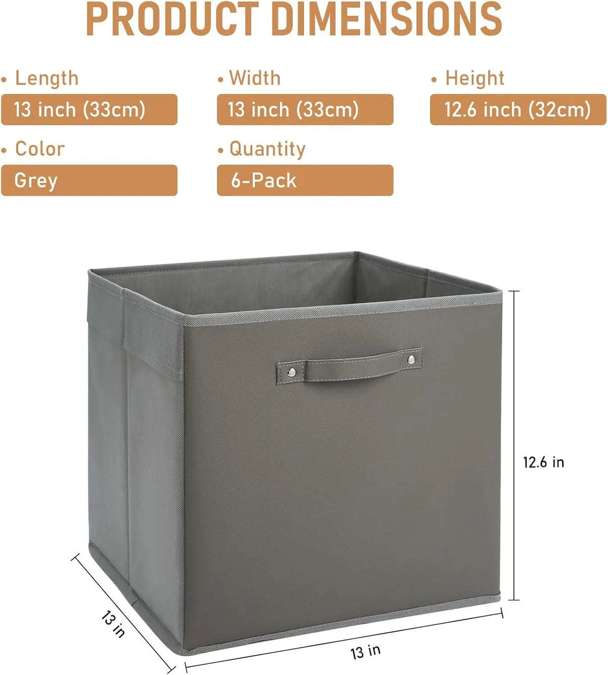 6-Pack 13 Inch Fabric Large Household Storage Box with Faux Leather Handles Foldable Storage Organizer Box for Shelves and Closet, Collapsible Storage Boxes for Clothes Toys