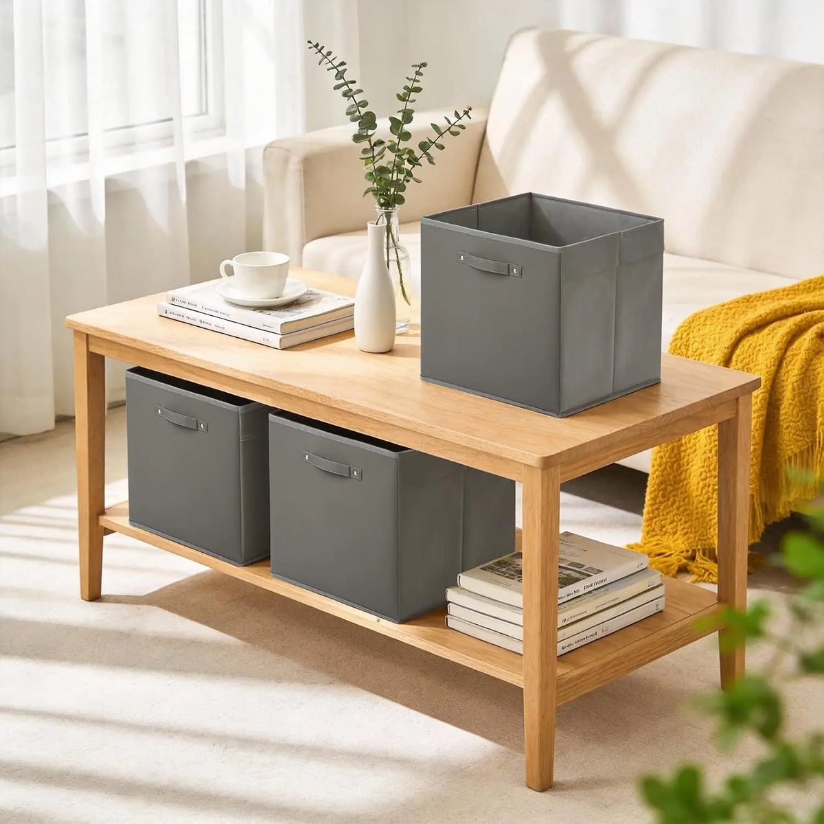 6-Pack 13 Inch Fabric Large Household Storage Box with Faux Leather Handles Foldable Storage Organizer Box for Shelves and Closet, Collapsible Storage Boxes for Clothes Toys