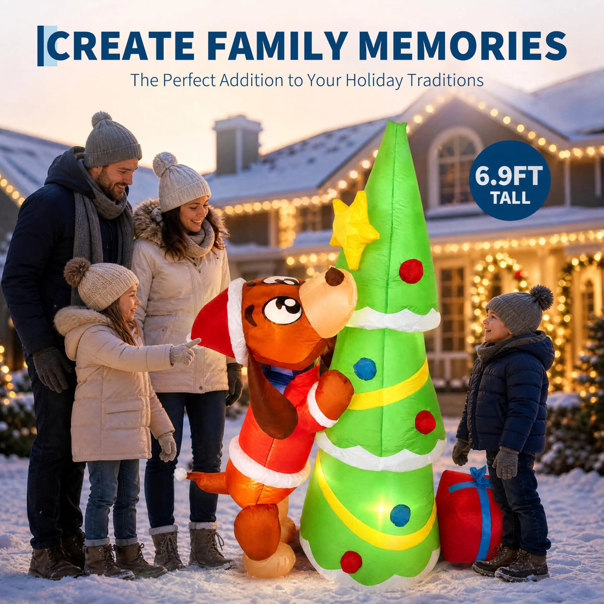 7ft 210cm Giant Inflatable Christmas Dog With Tree LED Lights Outdoor Yard Decoration Blow Up Holiday Party Lawn Prop Xmas Ornament Winter Festival Display Exterior Garden Inflatables Big Event Home Outside Landscape New Year