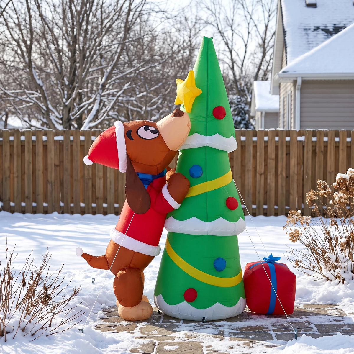 7ft 210cm Giant Inflatable Christmas Dog With Tree LED Lights Outdoor Yard Decoration Blow Up Holiday Party Lawn Prop Xmas Ornament Winter Festival Display Exterior Garden Inflatables Big Event Home Outside Landscape New Year