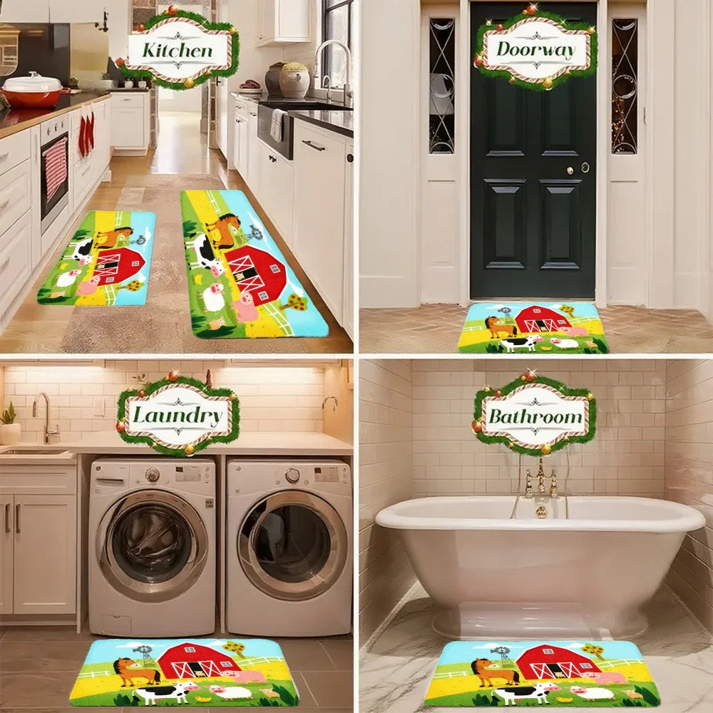 3PCS Kitchen Rugs,Home Decoration for Front Door, Kitchen, Bathroom, Farm Animals Barn Red House Cow Pig Sheep Dog Dining Mat