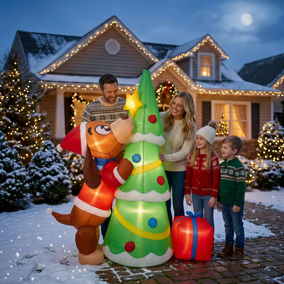 7ft 210cm Giant Inflatable Christmas Dog With Tree LED Lights Outdoor Yard Decoration Blow Up Holiday Party Lawn Prop Xmas Ornament Winter Festival Display Exterior Garden Inflatables Big Event Home Outside Landscape New Year