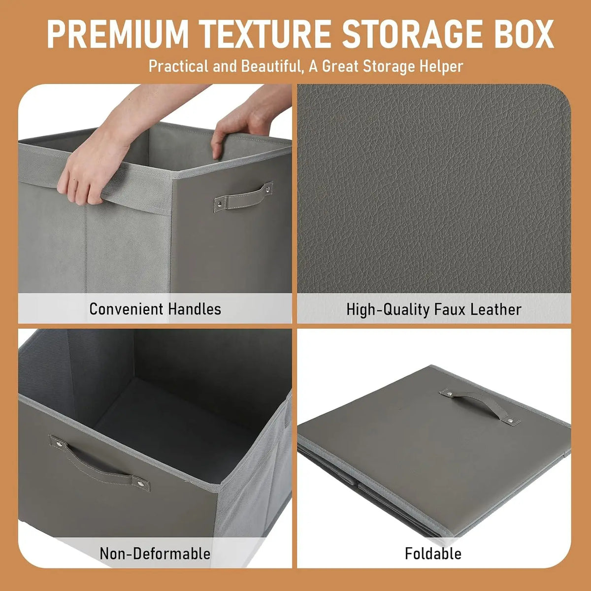 6-Pack 13 Inch Fabric Large Household Storage Box with Faux Leather Handles Foldable Storage Organizer Box for Shelves and Closet, Collapsible Storage Boxes for Clothes Toys