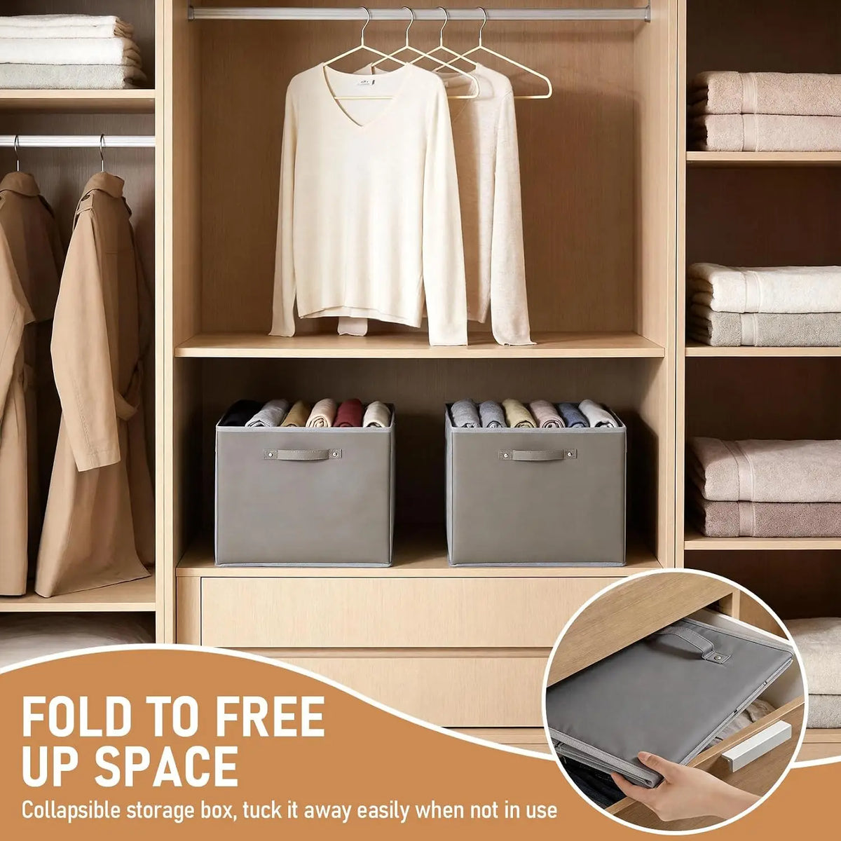 6-Pack 13 Inch Fabric Large Household Storage Box with Faux Leather Handles Foldable Storage Organizer Box for Shelves and Closet, Collapsible Storage Boxes for Clothes Toys