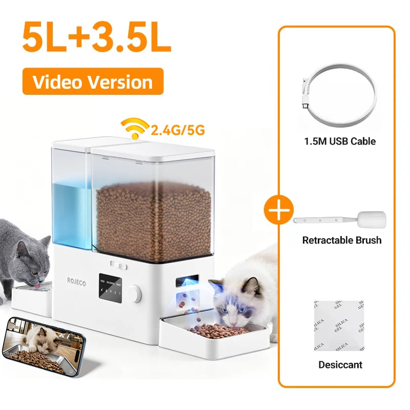 ROJECO 8.5L 2In1 with Camera Automatic Pet Feeder Gravity Water Fountain Button 5L Cat Kibble Dispenser with 3.5L Water Refill