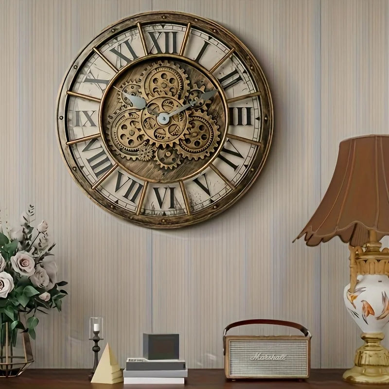 46cm Real Moving Gears Wall Clock Large Industrial Steam Punk Roman Numeral Wall Clock Living Room Home Decoration Quartz Clock