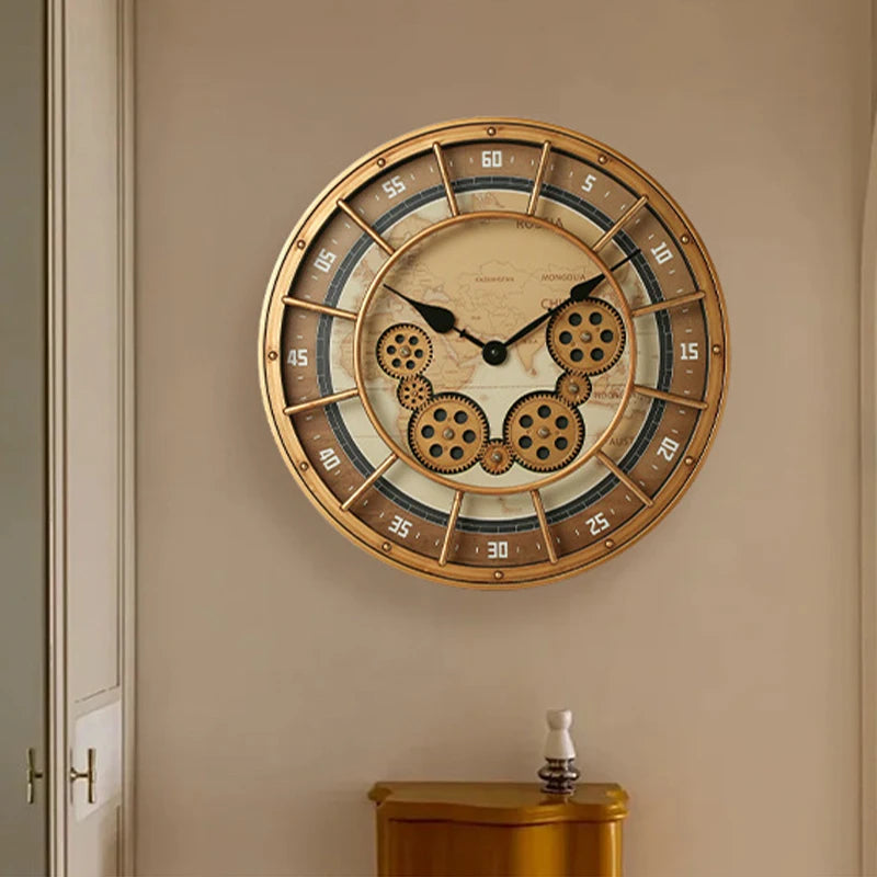 46cm Real Moving Gears Wall Clock Large Industrial Steam Punk Roman Numeral Wall Clock Living Room Home Decoration Quartz Clock