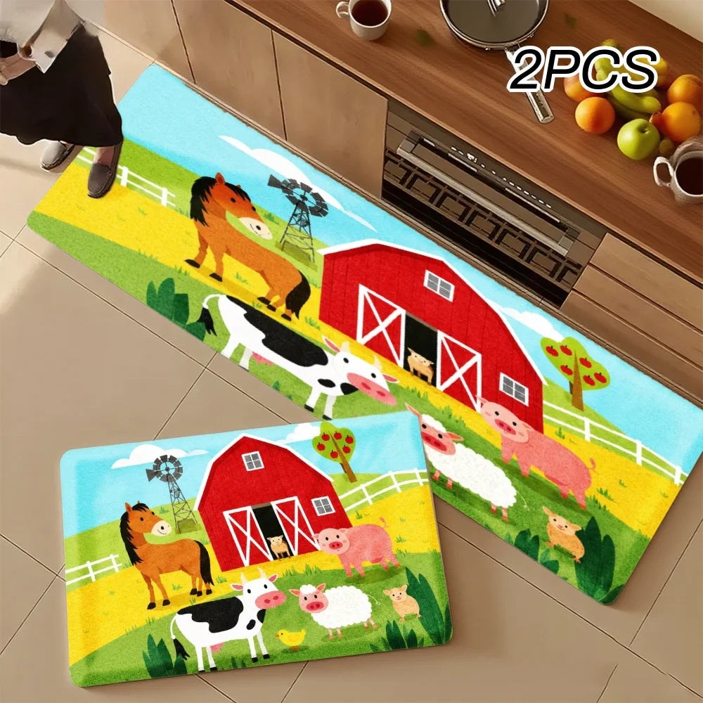 3PCS Kitchen Rugs,Home Decoration for Front Door, Kitchen, Bathroom, Farm Animals Barn Red House Cow Pig Sheep Dog Dining Mat