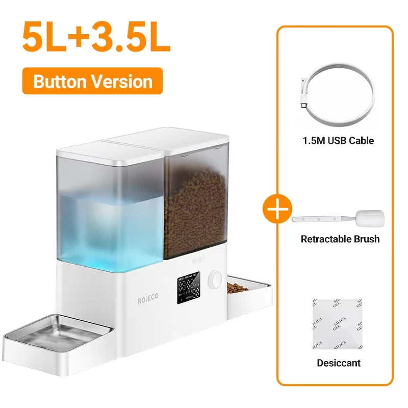 ROJECO 8.5L 2In1 with Camera Automatic Pet Feeder Gravity Water Fountain Button 5L Cat Kibble Dispenser with 3.5L Water Refill