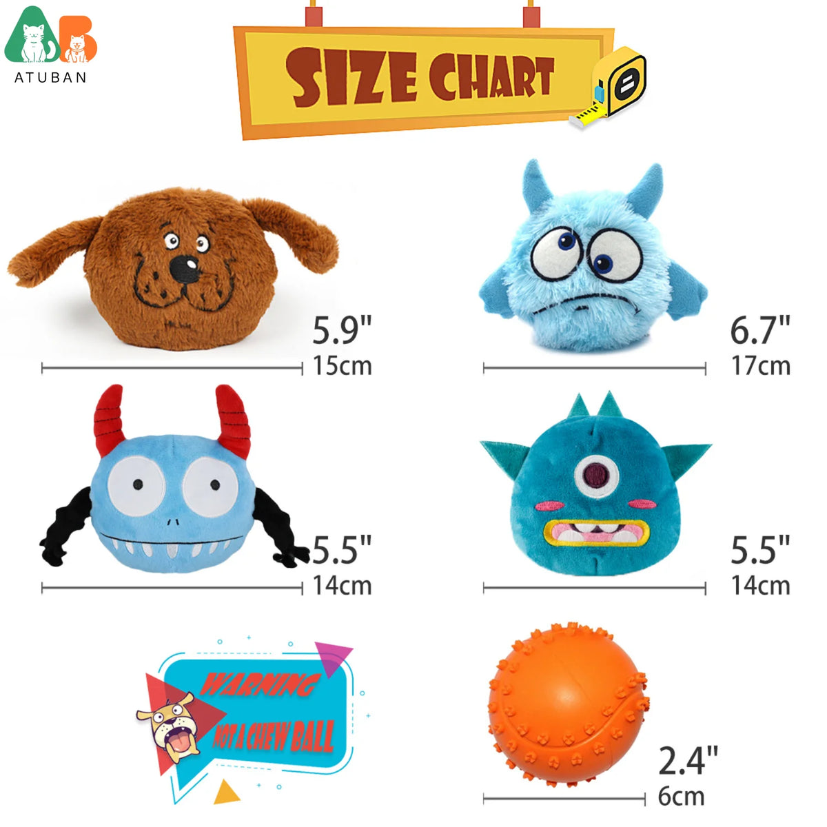 ATUBAN Dog Interactive Toys 2in1 Dog Plush Squeaky Small Balls Pet Toys Halloween Xmas for Small Medium Large Dogs,Blue Monster
