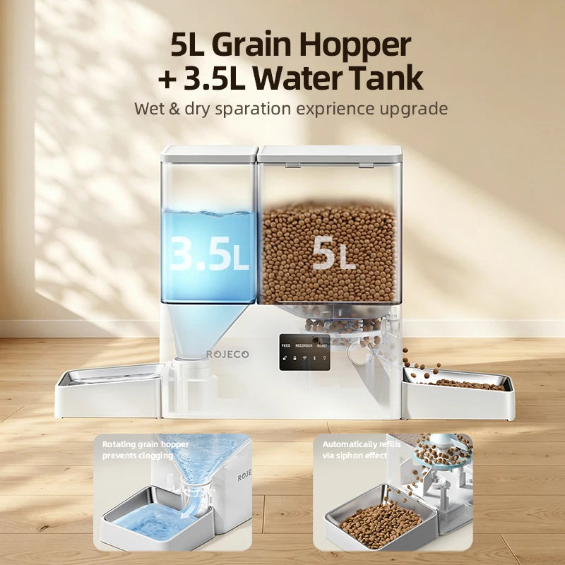 ROJECO 8.5L 2In1 with Camera Automatic Pet Feeder Gravity Water Fountain Button 5L Cat Kibble Dispenser with 3.5L Water Refill