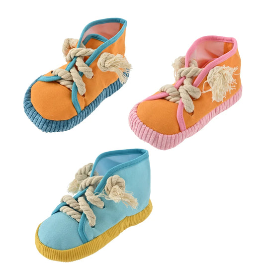 15PCS/Carton Squeaky Shoe Shaped Dog Chew Toys Canvas Cotton Rope Interactive Puppy Bite Toys 3 Colors Mixed Wholesale Pet Supplies