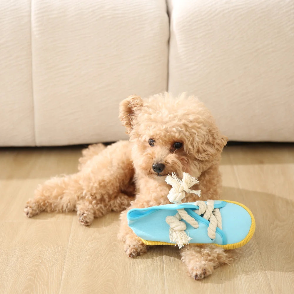 15PCS/Carton Squeaky Shoe Shaped Dog Chew Toys Canvas Cotton Rope Interactive Puppy Bite Toys 3 Colors Mixed Wholesale Pet Supplies