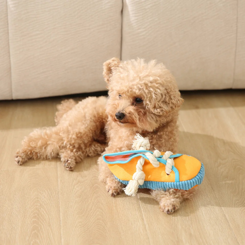 15PCS/Carton Squeaky Shoe Shaped Dog Chew Toys Canvas Cotton Rope Interactive Puppy Bite Toys 3 Colors Mixed Wholesale Pet Supplies